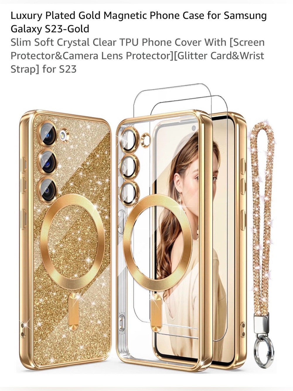 Samsung Galaxy S23 Gold Glitter Magnetic Ring Case with Matching Strap